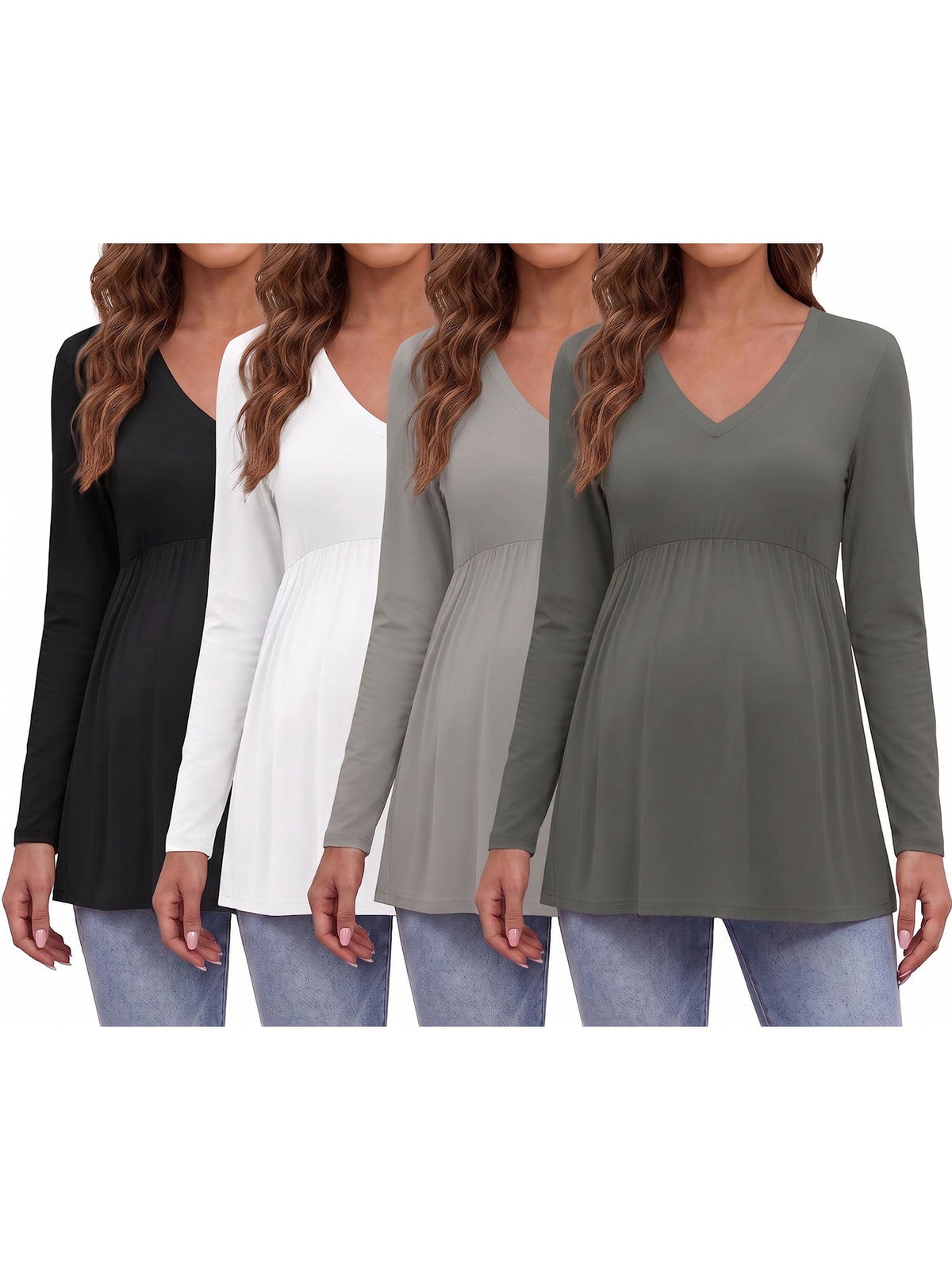 Weardear Maternity Tops Long Sleeve Pleated Waist Pregnancy Shirts V Neck Casual Pregnant Clothes Tunic Blouse for Women