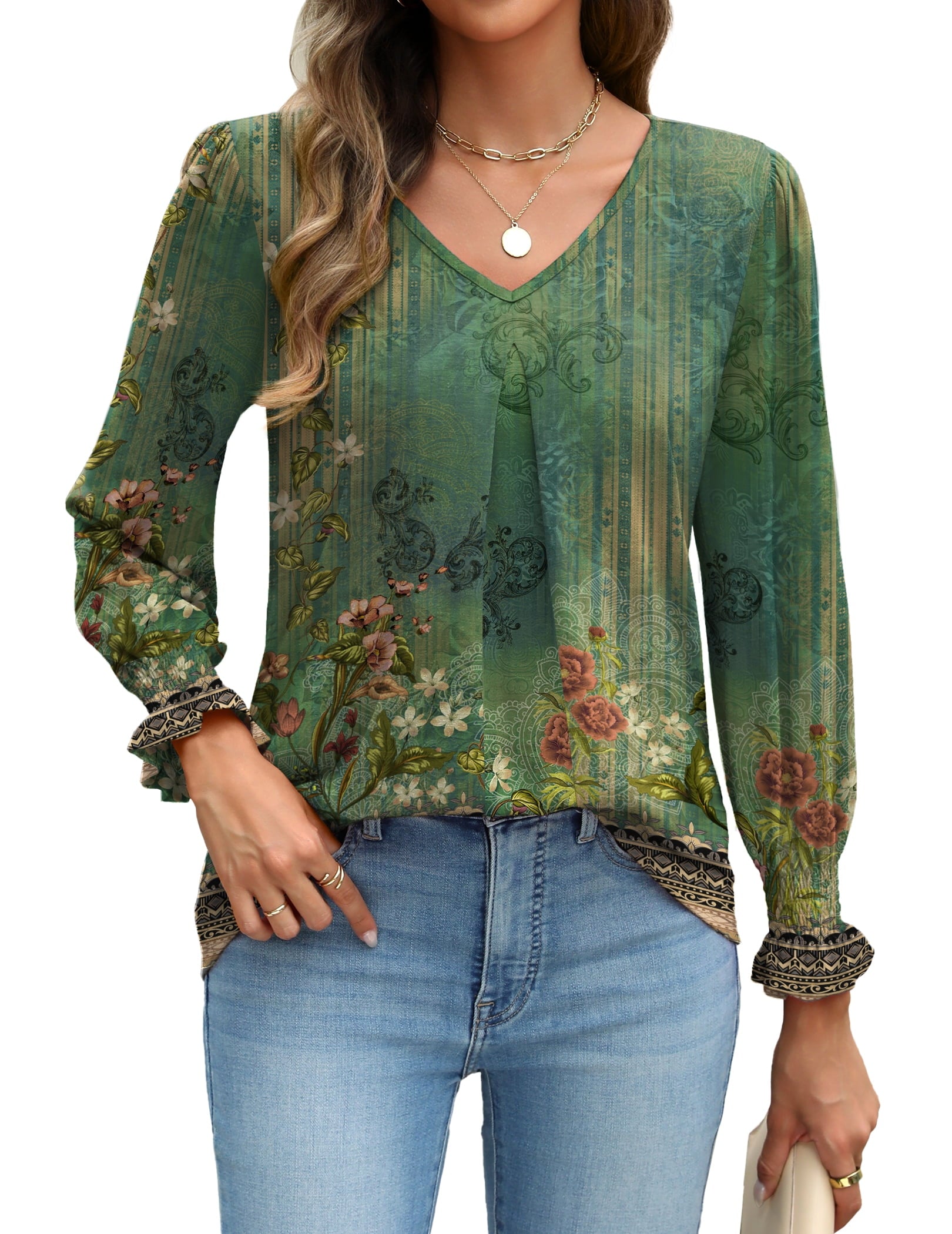 Weardear Long Sleeve Tops for Women Casual V Neck Loose Chiffon Work Blouse Smocked Tunic Shirts