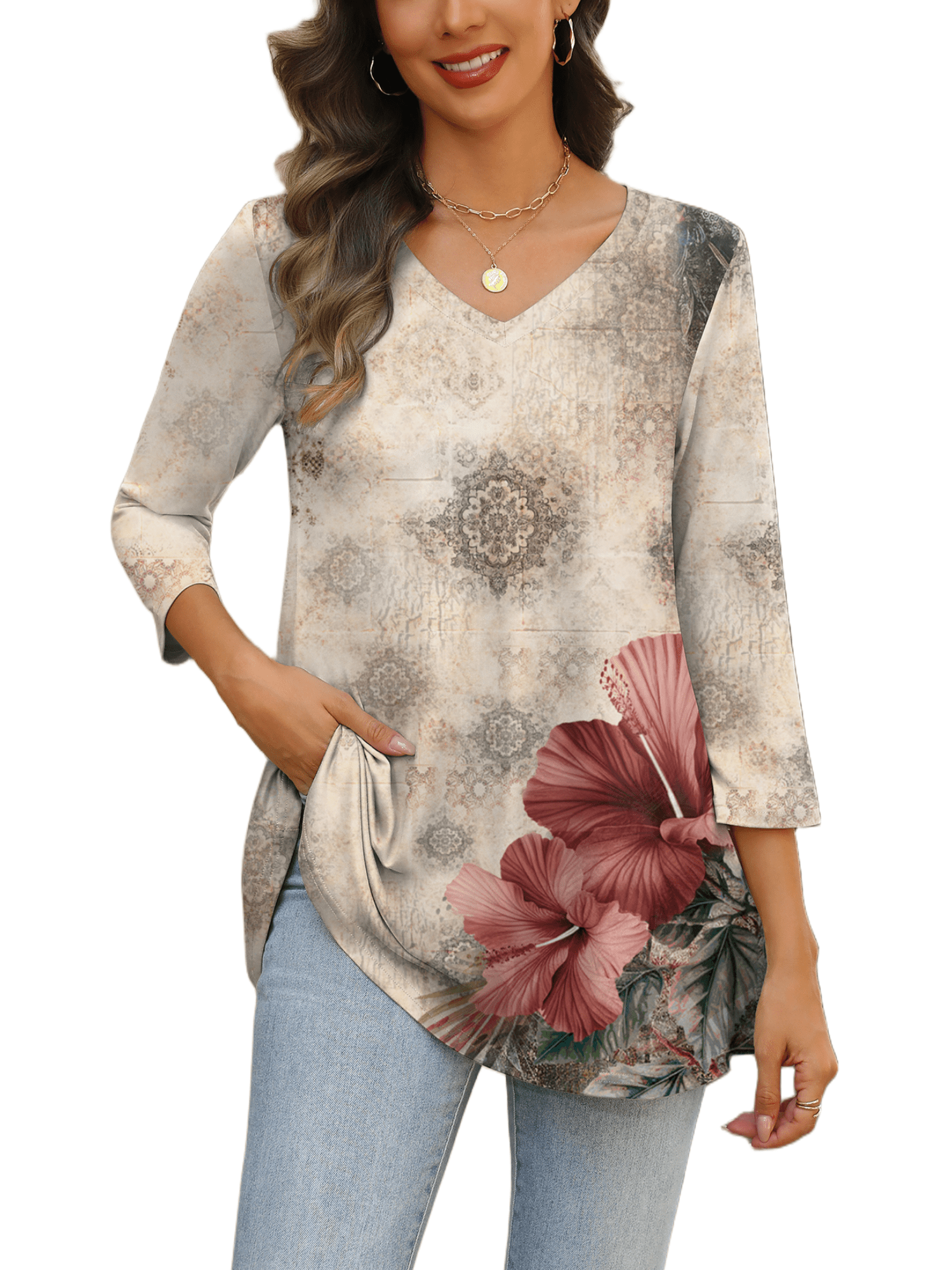 Weardear Womens V Neck 3/4 Sleeve Dressy Blouses Casual Loose Fit Tunic Tops Boho Business Blouses