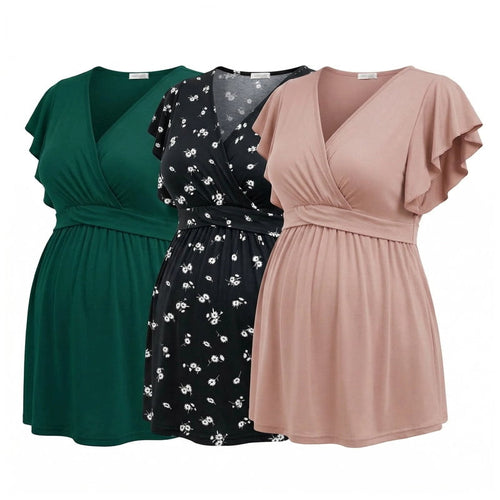 Weardear 3 Pack Maternity Tops Flying Shorts Sleeve Nursing Shirts V Neck Ruched Twisted Pregnancy Clothes