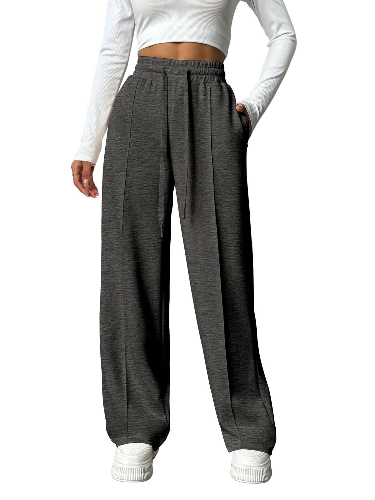 Weardear Petite Wide Leg Sweatpants for Women Drawstring Elastic Pants with Pockets High Waisted Workout Baggy Sweatpants