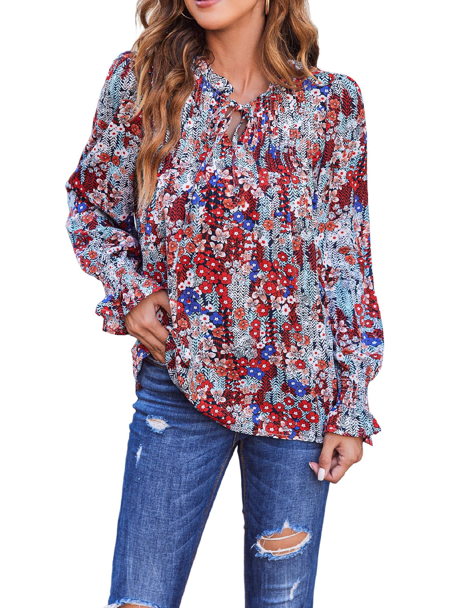 Weardear Flowy Long Sleeve Tops for Women Casual Boho Blouse Floral Printed V Neck Shirts