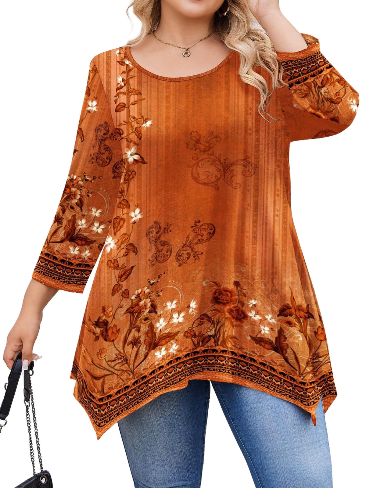 Weardear Plus Size Tops for Women 3/4 Sleeve Round Neck Tunic Top Loose Fit Flowy Blouse