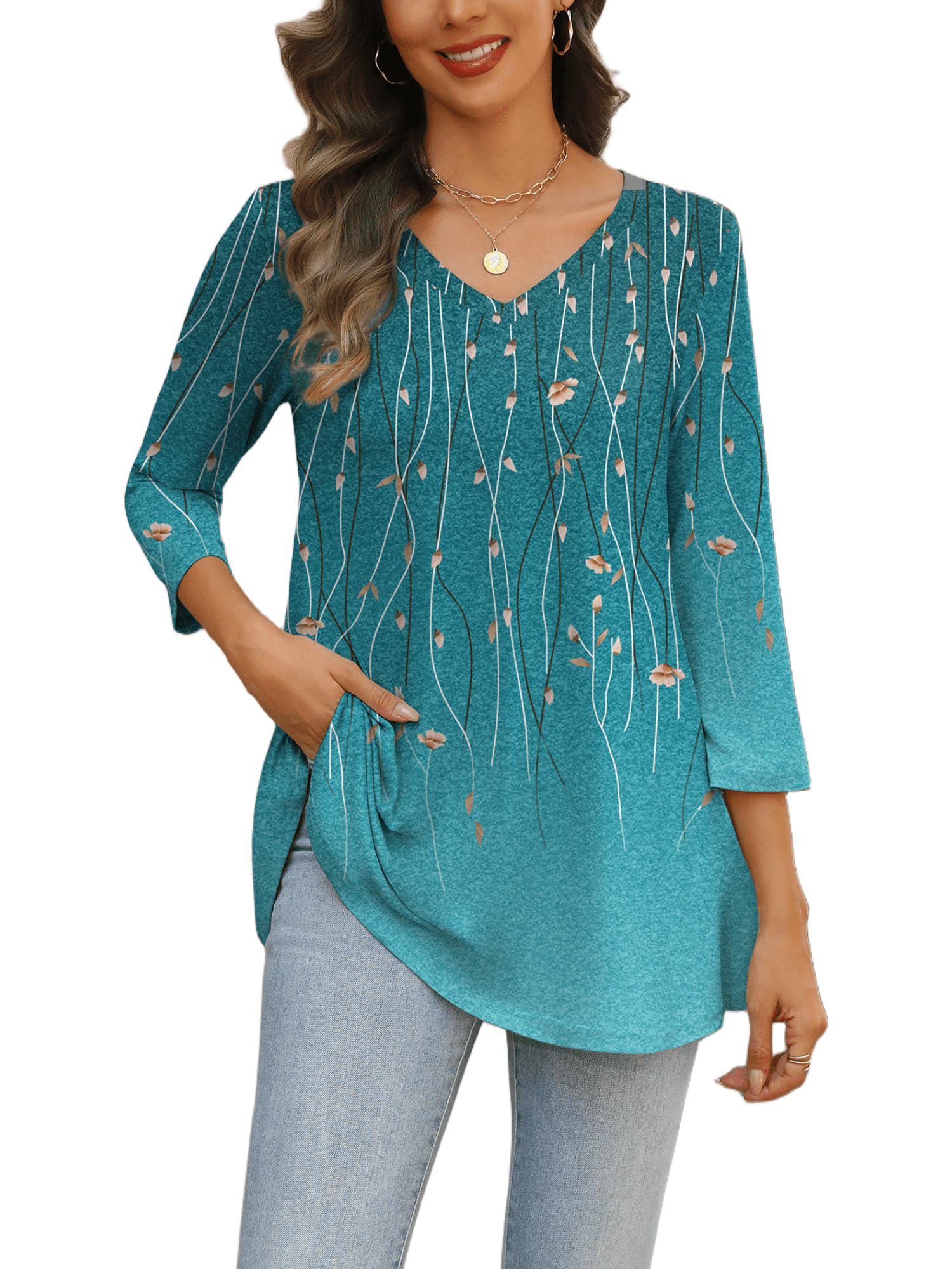 Weardear Womens V Neck 3/4 Sleeve Dressy Blouses Casual Loose Fit Tunic Tops Boho Business Blouses