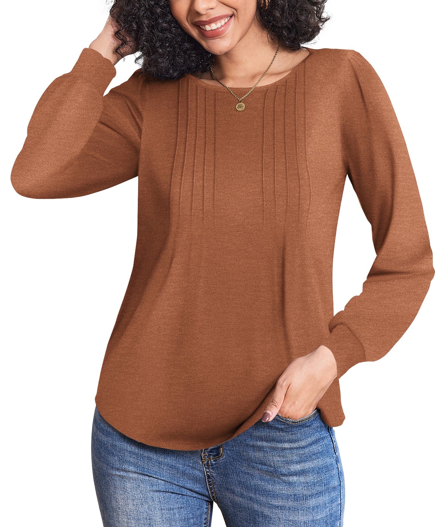 Weardear Women's Fall Blouses Puff Long Sleeve Pleated Crew Neck Tunic Tops Dressy Casual Loose Work T-Shirts