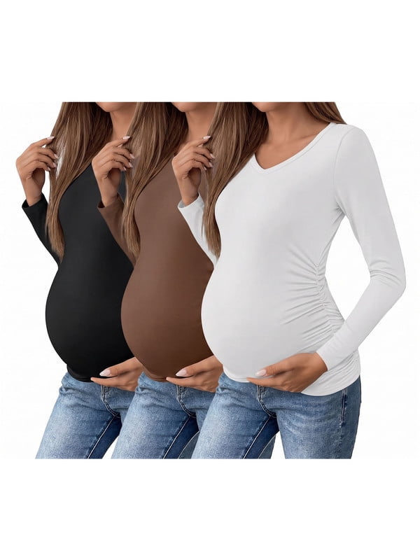 Weardear 3 Pack Maternity Shirt Long Sleeve Side Ruched Pregnancy Tunic Tops Casual V Neck T Shirts for Women