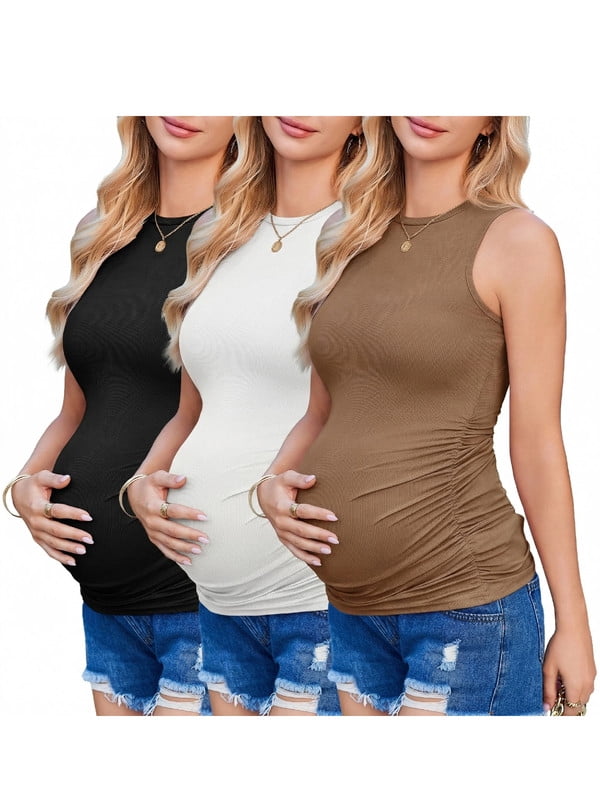 Weardear 3 Pack Maternity Tank Tops Ruched Side Ribbed Knit Pregnancy Shirts Sleeveless Crew Neck Postpartum Clothes