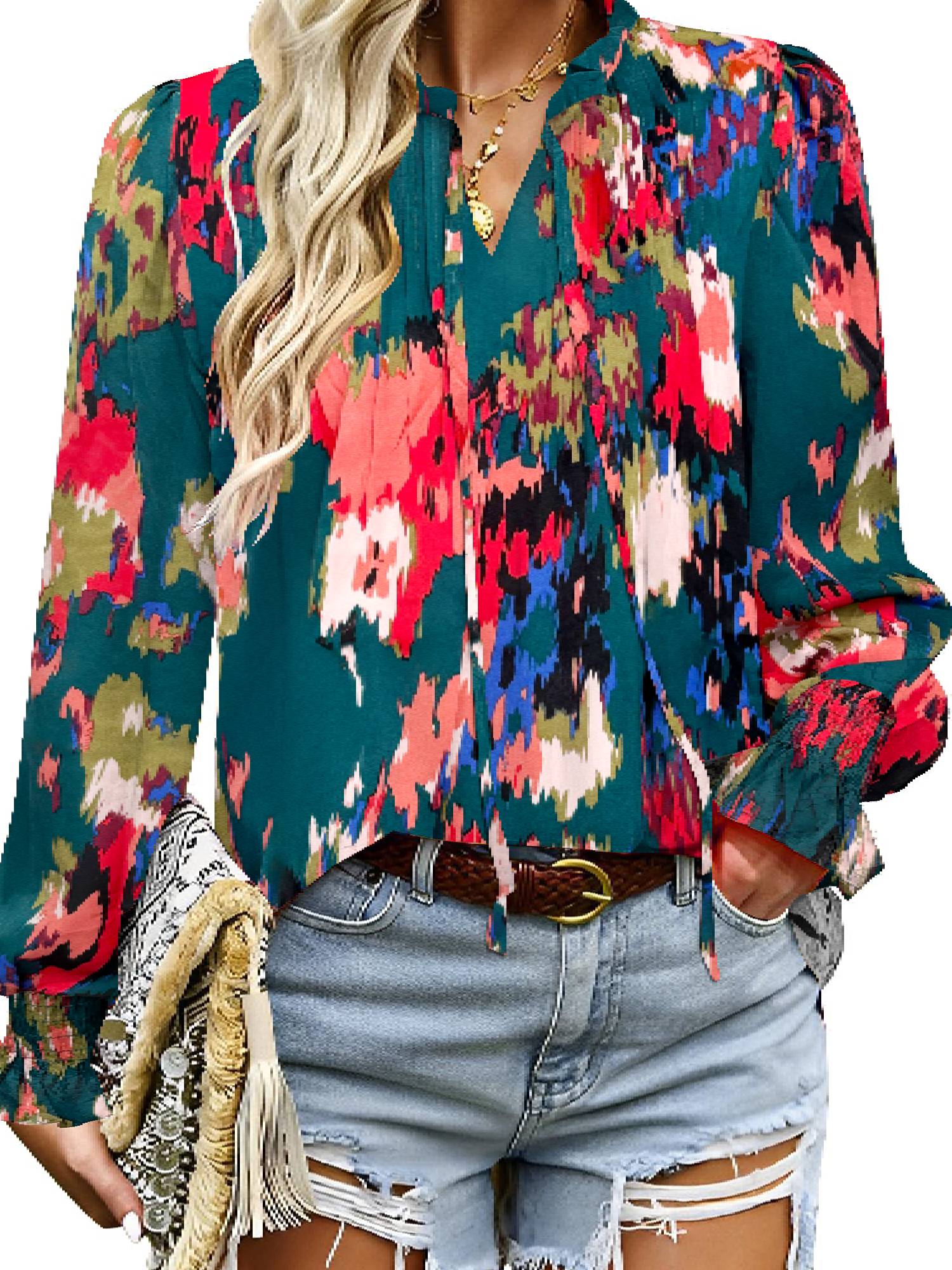 Weardear Flowy Long Sleeve Tops for Women Casual Boho Blouse Floral Printed V Neck Shirts